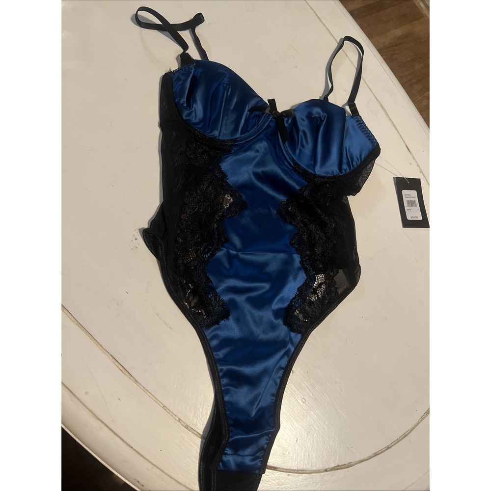 Frederick's of Hollywood Beatrice Satin And Lace Teddy Blue And Black Size Small